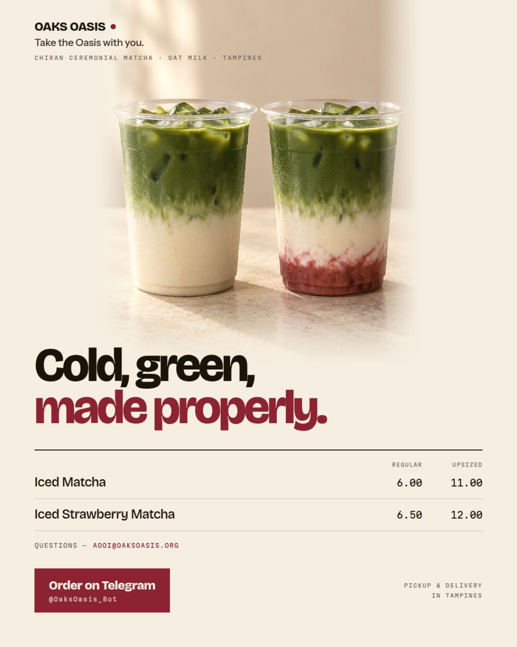 Two iced oat milk lattes: matcha and strawberry matcha